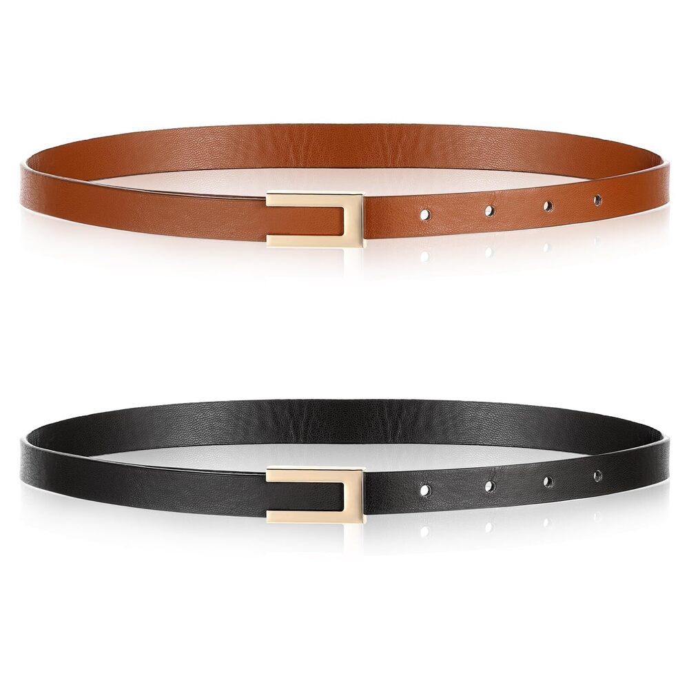 7544 2 Pcs Women Leather Belts Ladies Thin Waist Belt With Gold Buckle